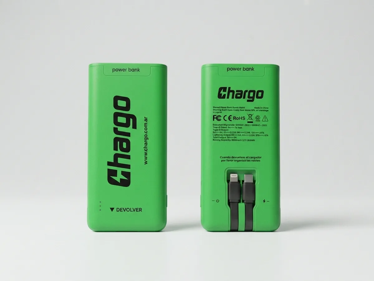 Dos baterías Chargo de pie mostrando frente y dorso sobre fondo claro