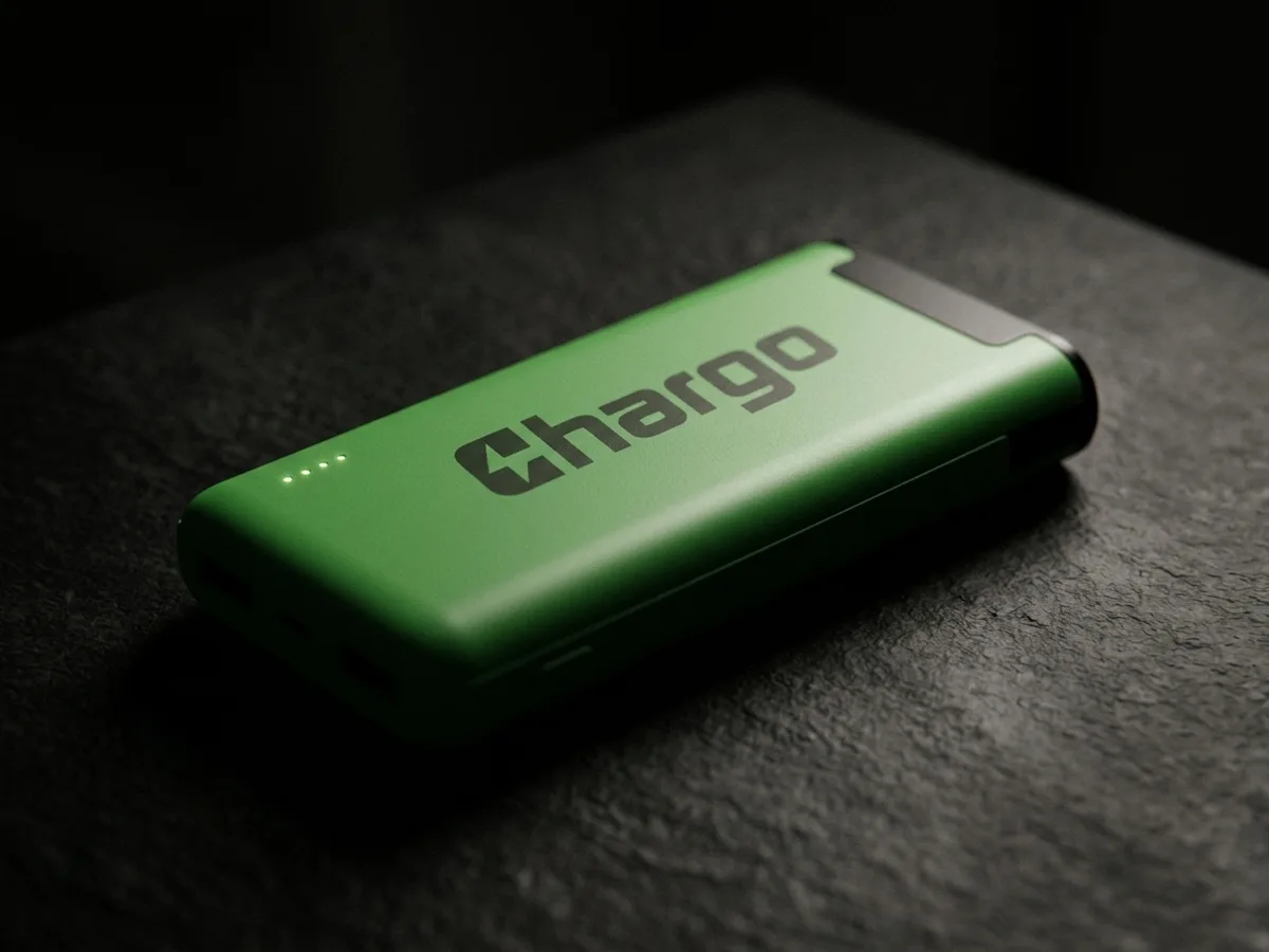 Detalle macro de la batería Chargo apoyado sobre una superficie oscura