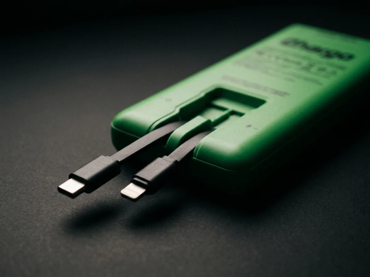 Parte trasera de la batería Chargo con los cables USB-C y Lightning integrados