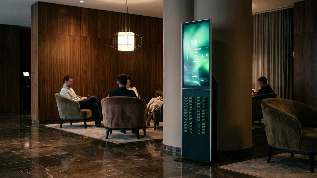 Estación de carga Chargo en el lobby de un hotel boutique