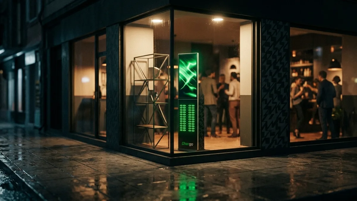 Frente iluminado de un bar de esquina con una estación Chargo adentro