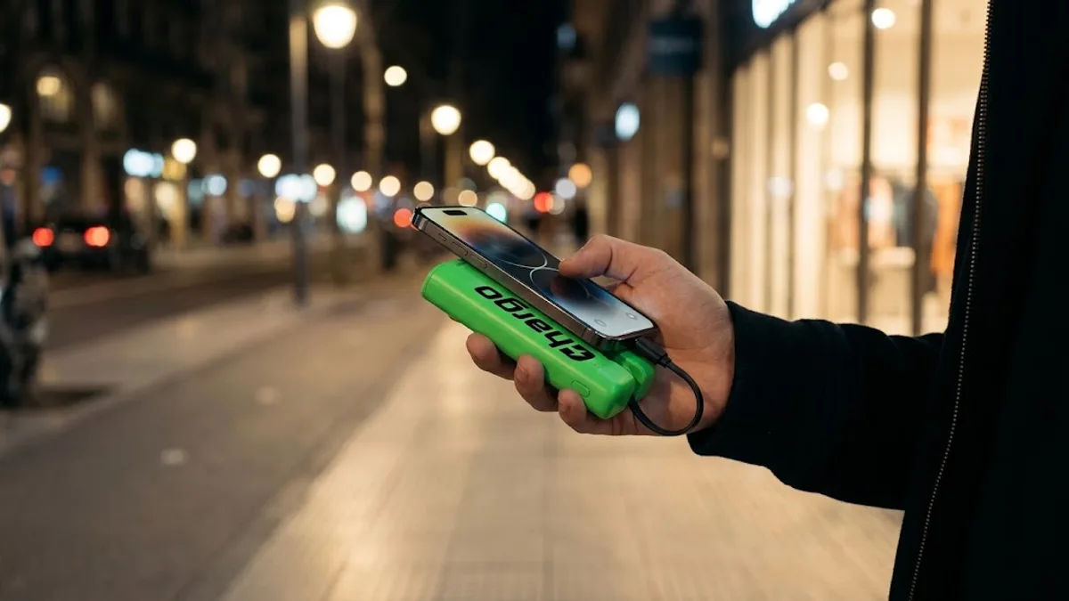 Mujer caminando por la ciudad con el celular cargando desde una batería Chargo